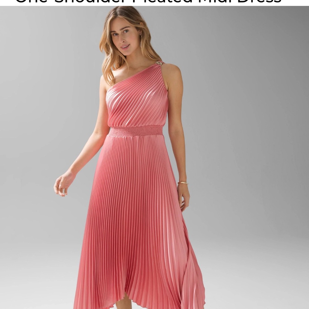 Elegant Peach One-Shoulder Pleated Midi Dress